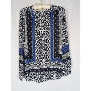 Loft Blouse M Women's Mixed Media Print Long Sleeve Button Tunic Crew Neck